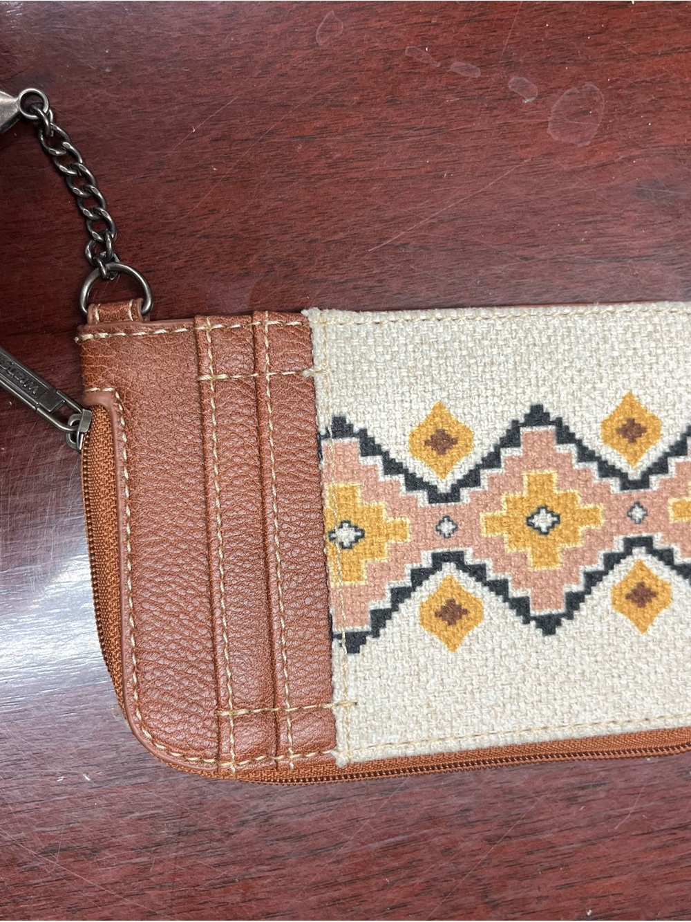 Wrangler Cream Canvas Wristlet with Brown Trim and Yellow Embroidery